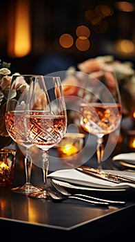 Elegant table settings for fine dining, crystal glassware, and a beautifully blurred background