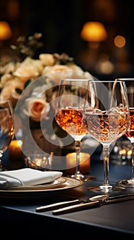 Elegant table settings for fine dining, crystal glassware, and a beautifully blurred background