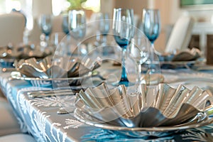elegant table with silver shell bowls, coralprint chair covers, and blue stemware