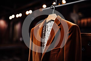 Elegant tailored velvet suit on hanger. Generative AI photo