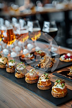 Elegant tasting event showcasing craft brew pairings with gourmet appetizers, set in a stylish, intimate setting photo