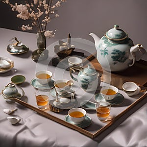 An elegant tea ceremony with a teapot, teacups, and delicate pastries2