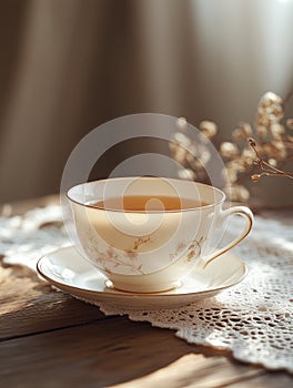 Elegant teacup filled with tea on a lace-covered table. photo