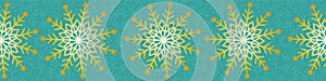 Elegant teal blue green gold snowflake seamless vector border. Christmas and New Year seamless banner backdrop with snow