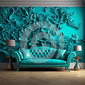 Elegant Teal Sofa And Floral Murals: A 3d Sculptural Living Room