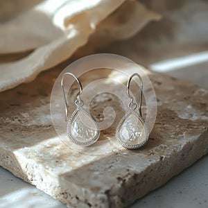Elegant Teardrop Earrings on Natural Stone Surface in Soft Light