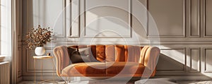 Elegant terra cotta velvet sofa in a classic interior with wainscoting panels photo