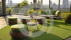 An Elegant Terrace Table Set on Artificial Grass, Complemented by Fabric Cushions and Outdoor Furniture