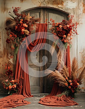 Elegant terracotta draped curtain with flowers