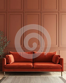 Elegant terracotta velvet sofa in a classic interior with wainscoting panels