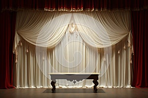 Elegant theater stage with classic red curtain and spotlit table