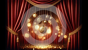 Elegant Theater Stage with Vintage Ornaments and Red Curtains, AI Generated