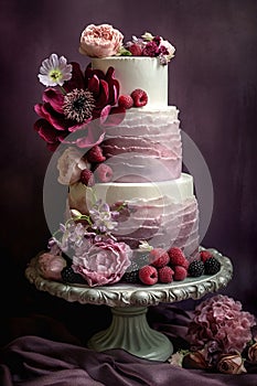 Elegant tiered cake adorned with fresh flowers and berries on a decorative stand