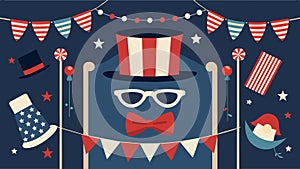 An elegant and timeless photo booth decorated with vintage American flags and banners and offering props like pearl