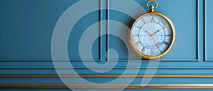 Elegant Timepiece: Gold-Trimmed Quartz Clock on Blue. Concept Elegant Timepiece, Gold-Trimmed,