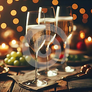 Elegant Toast: Three Glasses of Champagne on a Wooden Table