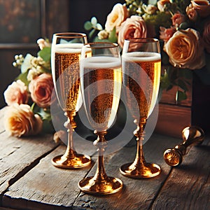 Elegant Toast: Three Glasses of Champagne on a Wooden Table