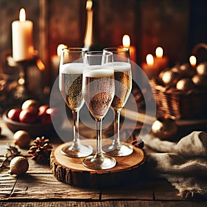 Elegant Toast: Three Glasses of Champagne on a Wooden Table