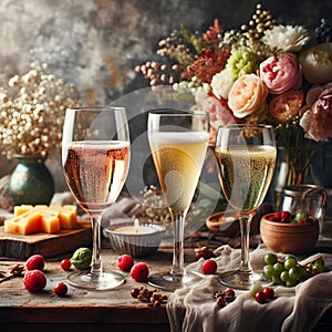 Elegant Toast: Three Glasses of Champagne on a Wooden Table