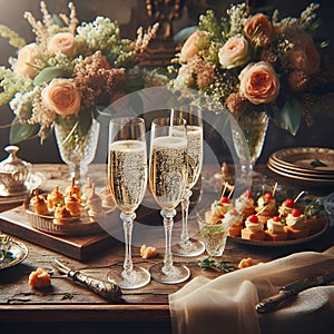 Elegant Toast: Three Glasses of Champagne on a Wooden Table