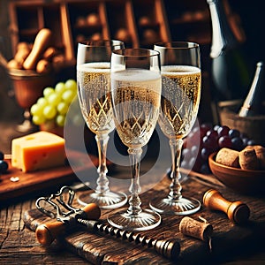 Elegant Toast: Three Glasses of Champagne on a Wooden Table