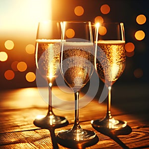 Elegant Toast: Three Glasses of Champagne on a Wooden Table