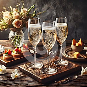 Elegant Toast: Three Glasses of Champagne on a Wooden Table