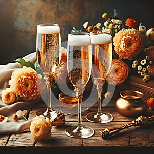 Elegant Toast: Three Glasses of Champagne on a Wooden Table