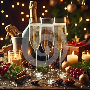 Elegant Toast: Three Glasses of Champagne on a Wooden Table