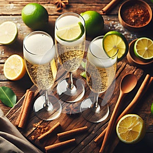 Elegant Toast: Three Glasses of Champagne on a Wooden Table