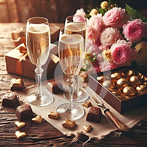 Elegant Toast: Three Glasses of Champagne on a Wooden Table