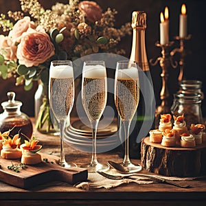 Elegant Toast: Three Glasses of Champagne on a Wooden Table