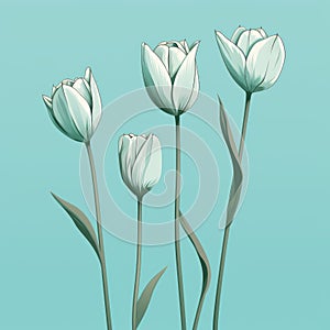 Elegant Tonal Illustration Of Three White Tulips On Aqua Blue Background