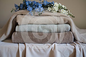 elegant towel display with forgetmenots on top photo