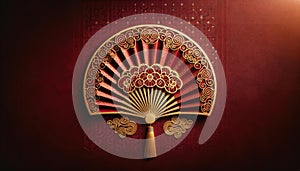 Traditional Asian Fan on Red Textured Background, AI Generated