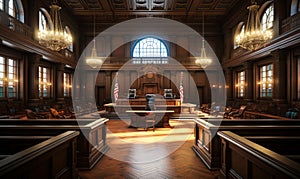 Elegant and traditional wooden courtroom interior with judge\'s bench, witness stand, and American flag symbolizing justice