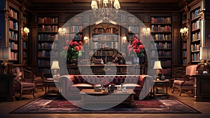 Elegant Tranquility: A Classically Designed Library Bathed in Warm Sunlight