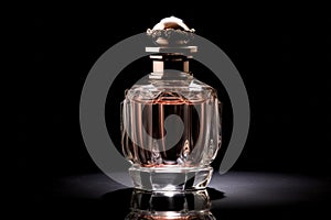 Elegant transparent bottle perfume on black background. Genaretive Ai