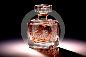 Elegant transparent bottle perfume on black background. Genaretive Ai