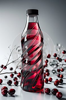 Elegant Transparent Bottle with Swirling Red Liquid and Scattered Cranberries on a Reflective Surface