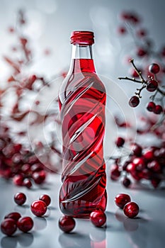 Elegant Transparent Bottle with Swirling Red Liquid and Scattered Cranberries on a Reflective Surface