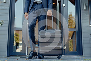 Elegant travel suitcase positioned by the entrance of a prestigious luxury hotel photo
