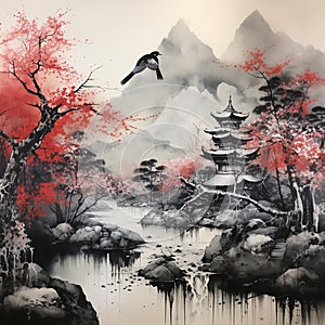 Elegant Tree Sumi-e Ink Painting