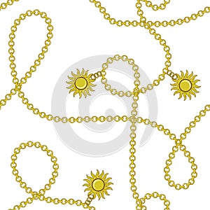 Elegant trendy modern vector seamless pattern with beautiful fashion golden chains and sun on a white background. For textile,