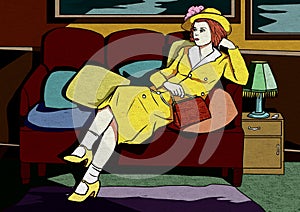 an elegant twenties style woman sitting on a sofa in a waiting room.  illustration