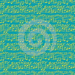 Elegant two tone birthday congratulations with musical notes. Seamless vector pattern in bright ocean blue and gold with