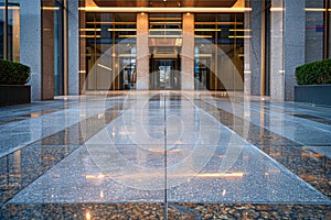 Elegant urban building with a facade composed of polished granite, limestone, and sandstone, reflecting modern stone