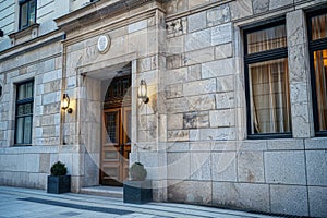 Elegant urban building with a facade composed of polished granite, limestone, and sandstone, reflecting modern stone