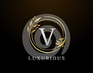 Elegant V Letter Floral Design. Circle Luxury V Gold Logo Icon