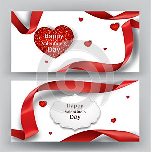 Elegant valentine`s day banners with silk red ribbons and sparkling red hearts